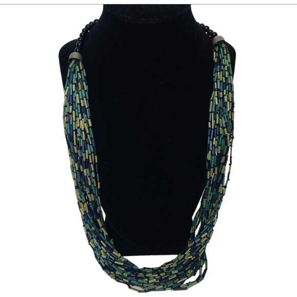 Wood Bugle Beads Necklace Multi Colored Layered  Boho Ethnic Multiple Strand - Picture 2 of 9